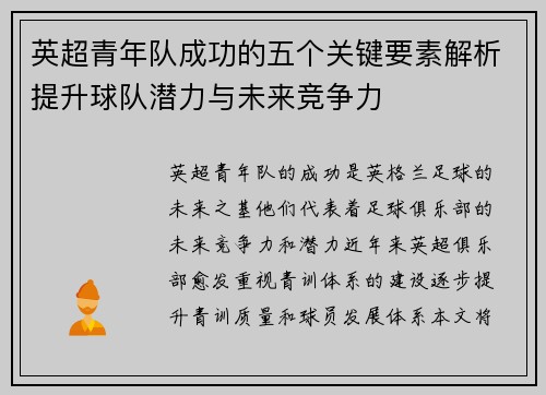 英超青年队成功的五个关键要素解析提升球队潜力与未来竞争力